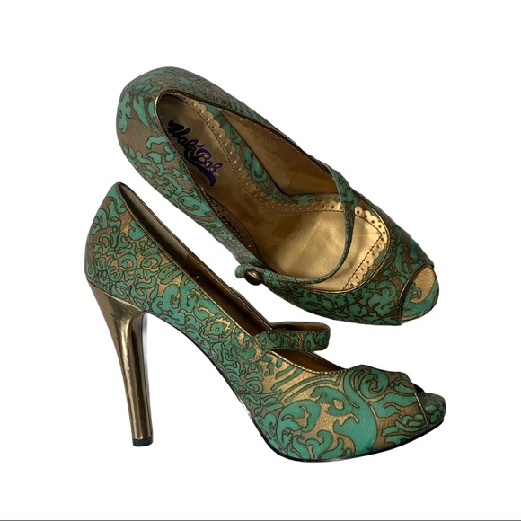 Hale Bob Teal Leather Peep Toe Maryjane Stiletto - Picture 2 of 14